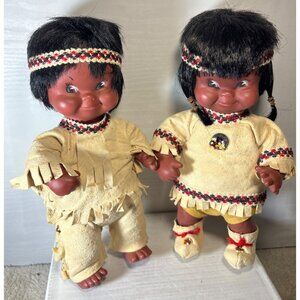 Vtg Regal Toys Native American Indian Dolls Suede Outfits Beaded Access '60s 12"